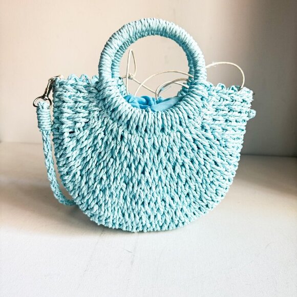 Blue Raffia Woven Braided Small Oval Crossbody Bag - Picture 1 of 5